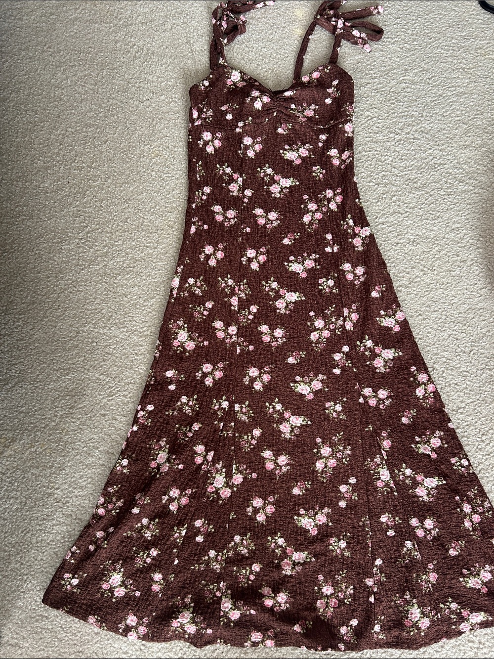 Inspired Hearts Brown Floral Midi Dress with Pink Blossoms